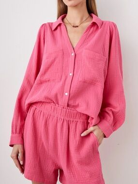 Rails Sz M Laurent Hibiscus Pink Gauze Button Front Shirt